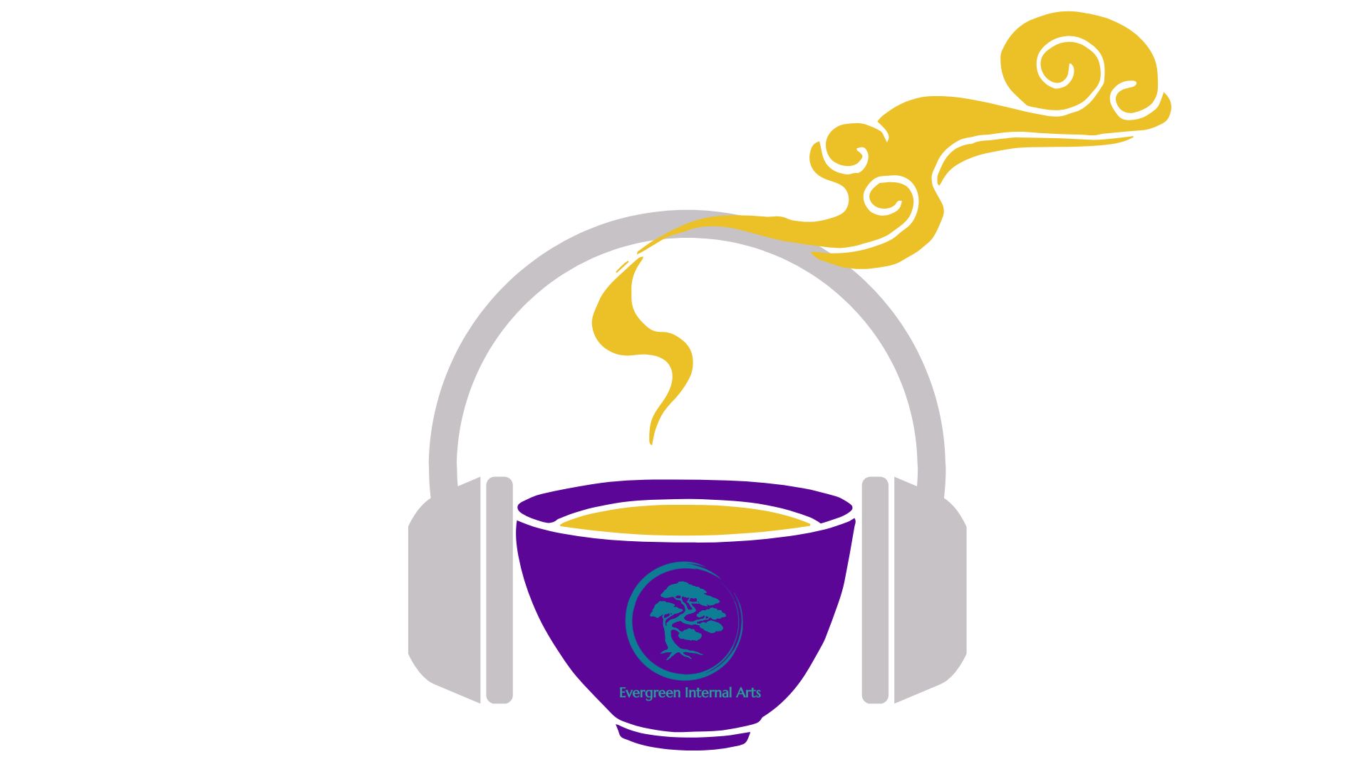 Purple Gongfu Teacup with gray headphones and steam billowing from the tea
