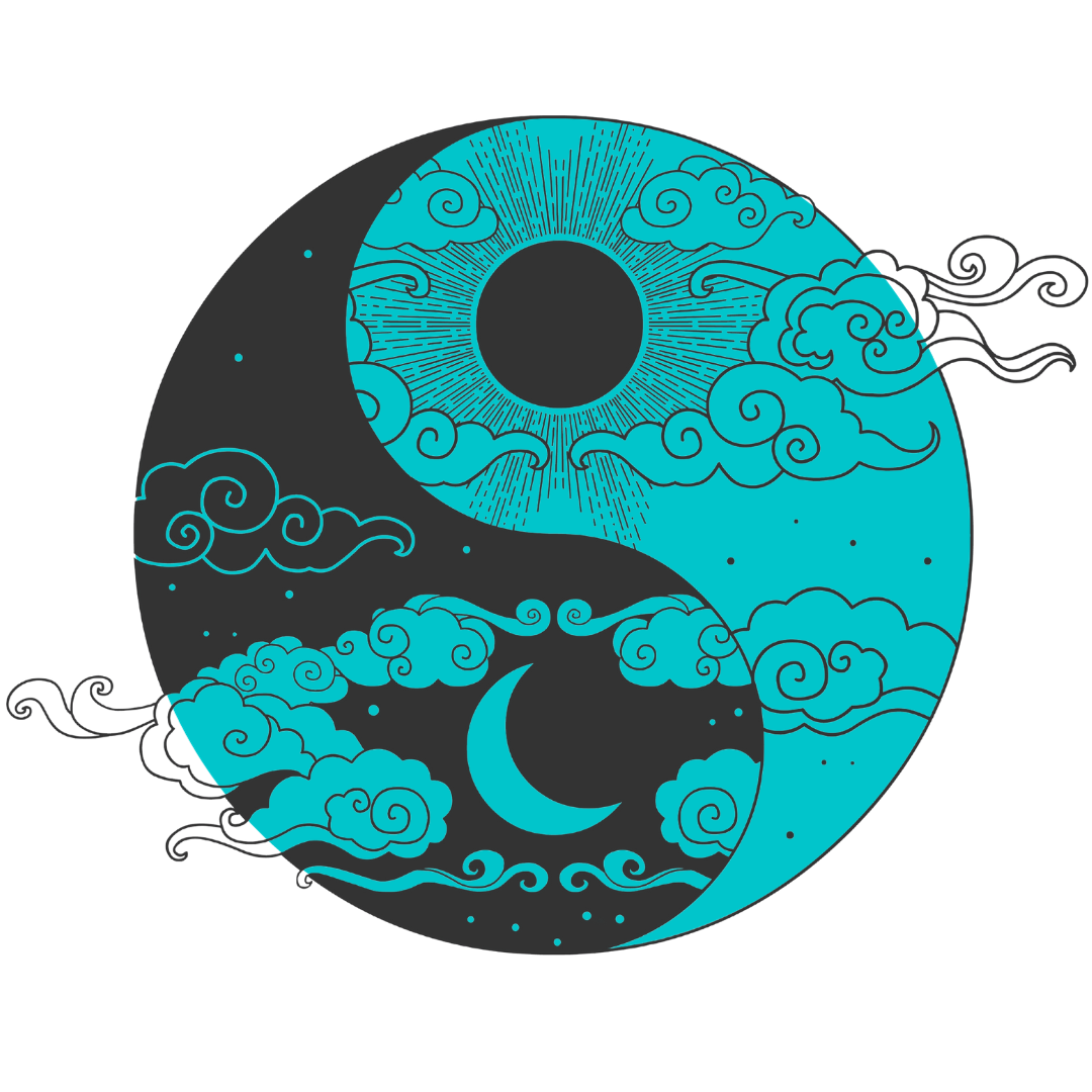 Yin Yang symbol with clouds on a teal background